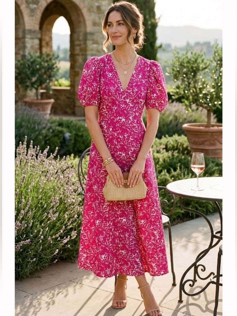 J. Crew Pink & White Floral Maxi Dress with Puff Sleeves